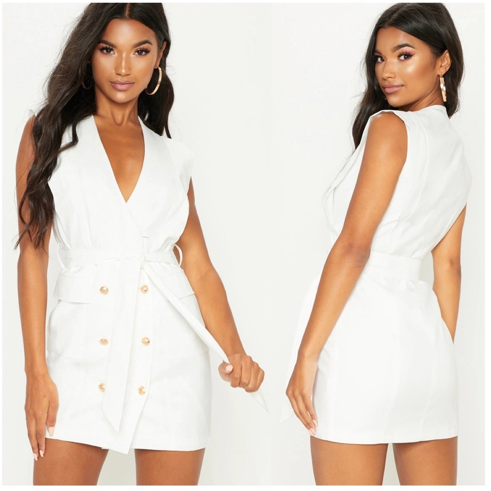 PrettyLittleThing White Gold Button Blazer Dress